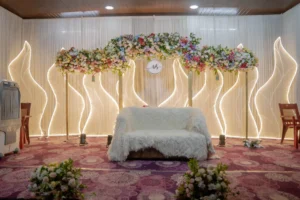 ighting and wedding decoration setup with flowers and seating – Lights of Love event mangement company in Palakkad