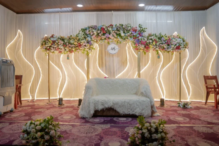 ighting and wedding decoration setup with flowers and seating – Lights of Love event mangement company in Palakkad